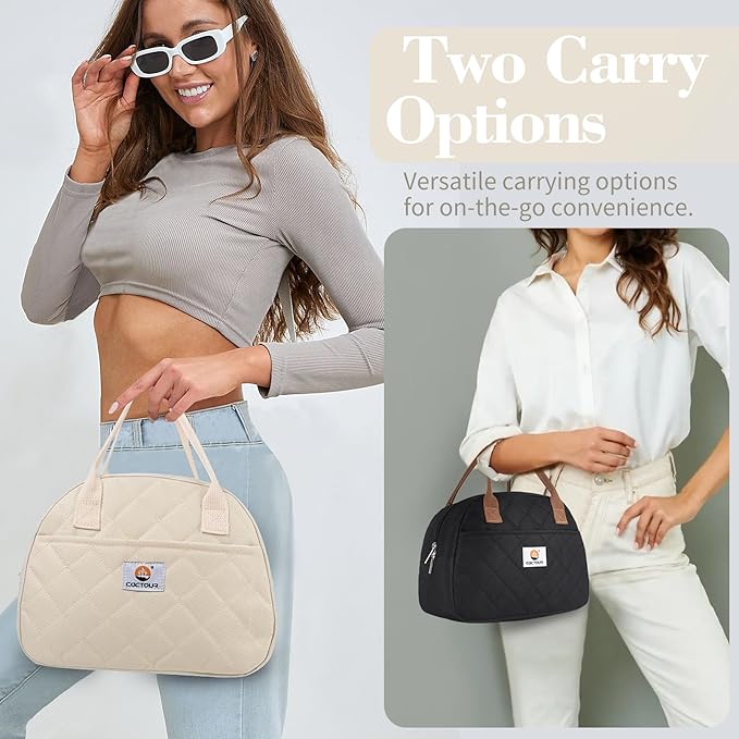 Lunch Bag Women,Insulated Quilted Lunch Bag, Small Portable Cute Lunch Box,Cooler Bag Reusable Lunch Tote for Work/Travel/Picnic (Beige)
