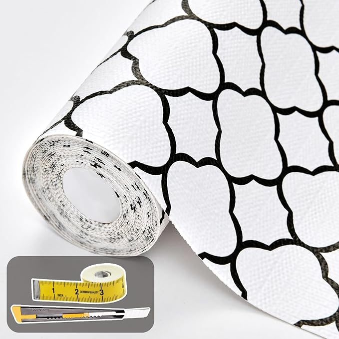 Shelf Drawer Liners for Kitchen Cabinets 17.3 x 354 Inches Non Adhesive Drawer Liner Thickened Refrigerator Liner Black Quatrefoil Strong Non-Slip Paper for Tool Box with Knife and Tape Measure