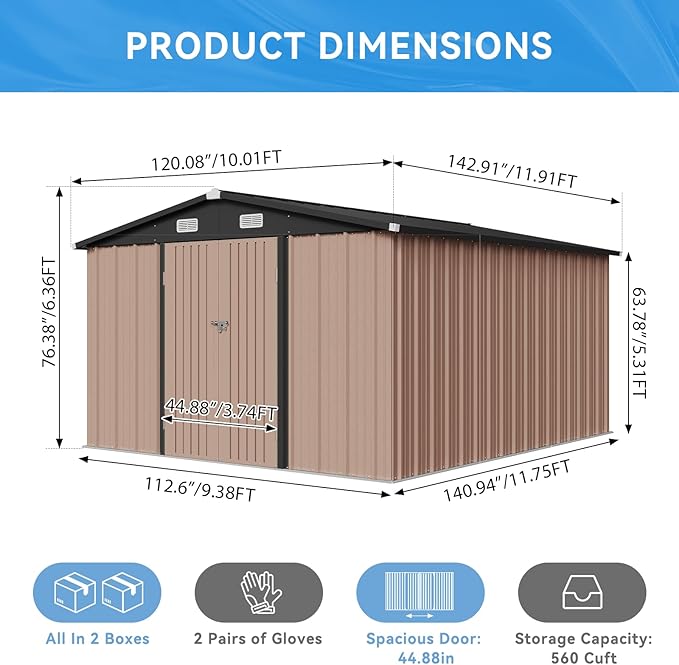 Aoxun 10x12 FT Outdoor Storage Shed - Metal Garden Tool Shed with Lockable Doors & Slooping Roof, Waterproof Outside Storage Shed Ideal for Tools, Garden Equipment & Bikes, Patio Placement(Brown)