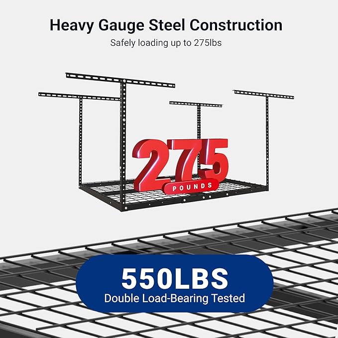 FLEXIMOUNTS 3x4 Overhead Garage Storage Rack, Adjustable Organization System, Heavy-Duty Metal Ceiling Racks, 275lbs Weight Capacity, Black, Classic Series