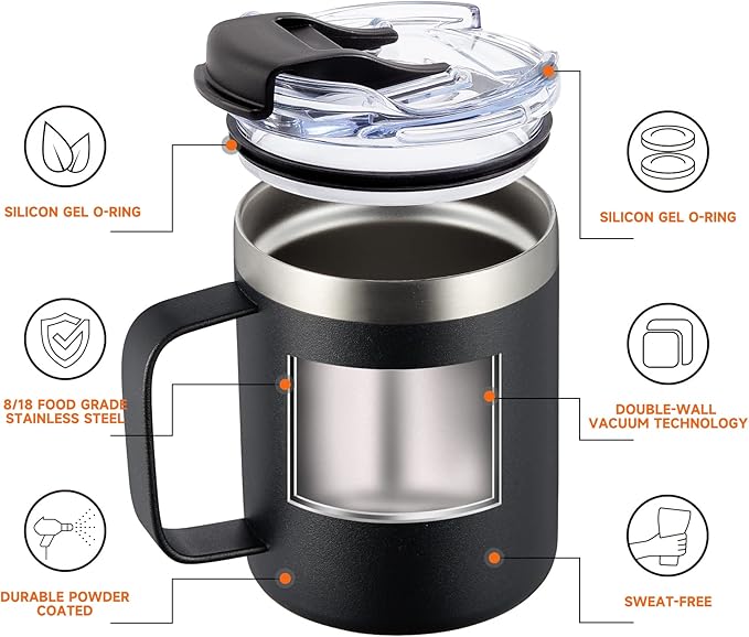 ALOUFEA 12oz Stainless Steel Insulated Coffee Mug with Handle, Double Wall Vacuum Tumbler Cup with Fliping Lid, Black, 2 Pack
