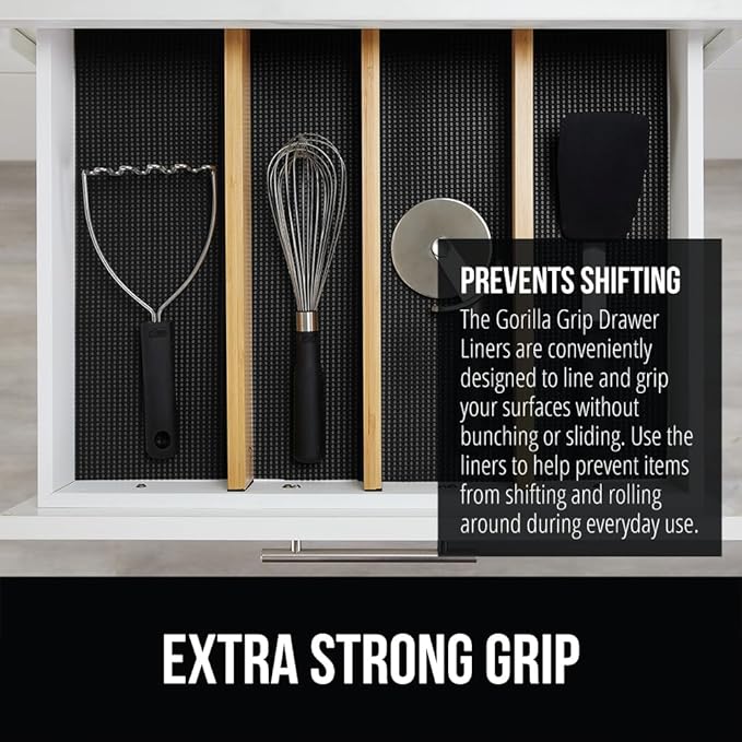 GORILLA GRIP powerGRIP Drawer Shelf and Cabinet Liner, Thick Strong Hold, Non-Adhesive Liners Protect Kitchen Cabinets and Cupboard, Bathroom Drawers, Easy Install, Breathable Mat, 24" x20', Black
