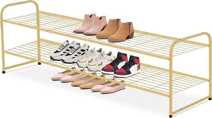 AOODA Long 2 Tier Shoe Rack for Closet Metal Wide Stackable Shoe Storage Organizer for Entryway, Bedroom, Floor, 18-Pairs Low Sneaker Shelf, Golden