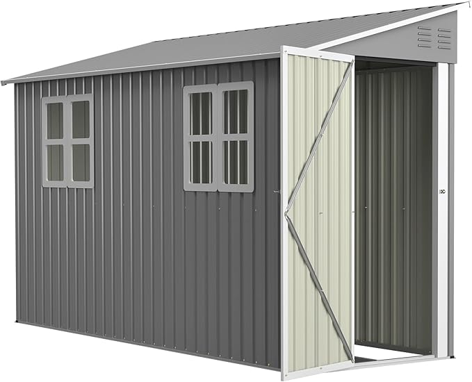 4x10FT Lean to Shed with Floor Frame & Windows, Metal Outdoor Storage Shed, Large Tool Shed for Garden Backyard Patio Storage,Outside Lean to Waterproof Shed, Gray