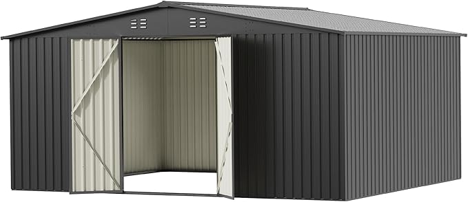 14 x 12FT Outdoor Storage Shed, Metal Waterproof Storage Shed Steel Utility Garden Tool Shed with Door & Lock Outdoor Storage,All-Weather Shelter for Bike, Gardening Tools, Lawn Mowers