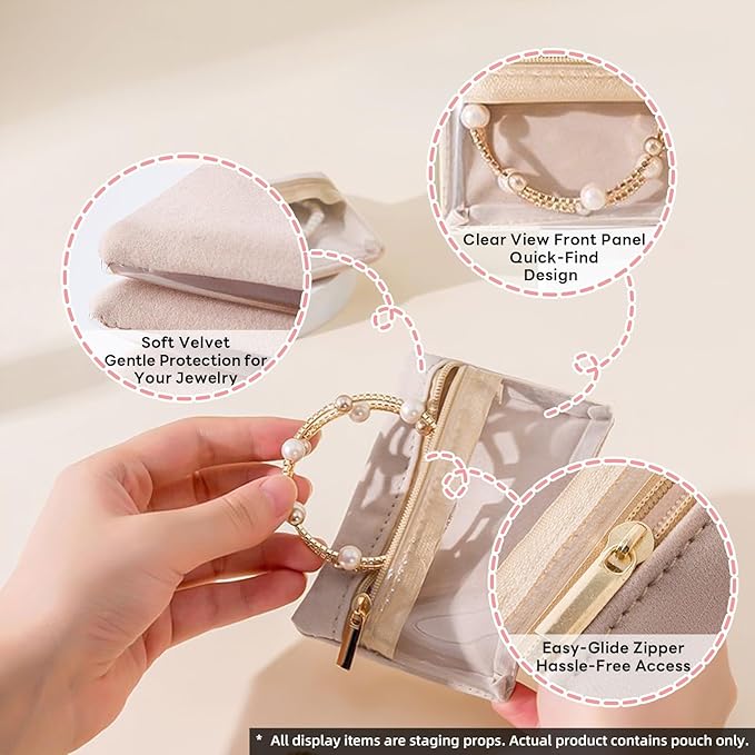 Jewelry Organizer Storage Pouches, Travel Jewelry Organizer Velvet Jewelry Pouch with Zipper Clear Travel Jewelry Bag for Travel Business Trip Mother‘s Day Gift for Mom Wife Women (Beige-6Pcs)