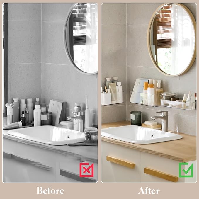 2 Pcs Clear Shower Shelf, Large Bathroom Wall Mounted Shower Caddy, No Drill Self Adhesive Bathroom Organizer with Self Adhesive Tape