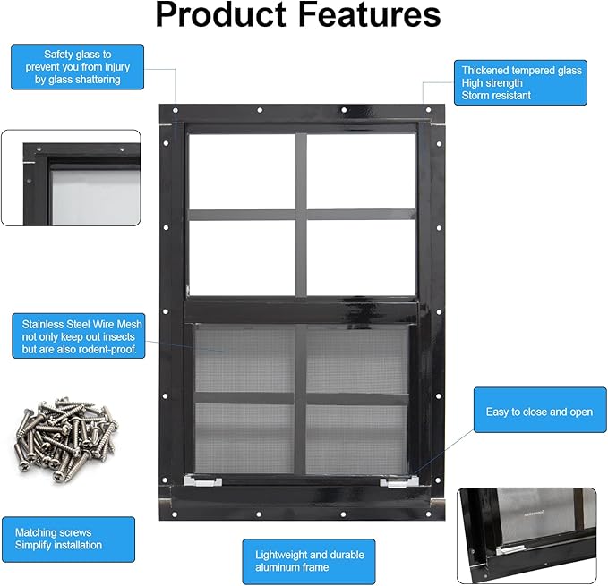 NeatiEase Upgraded Shed Windows 2 Pack, 24" x 30" Windows with Tempered Glass and Stainless Steel Screen for Shed, Chicken Coop, Playhouse, Household, Garage(Black)