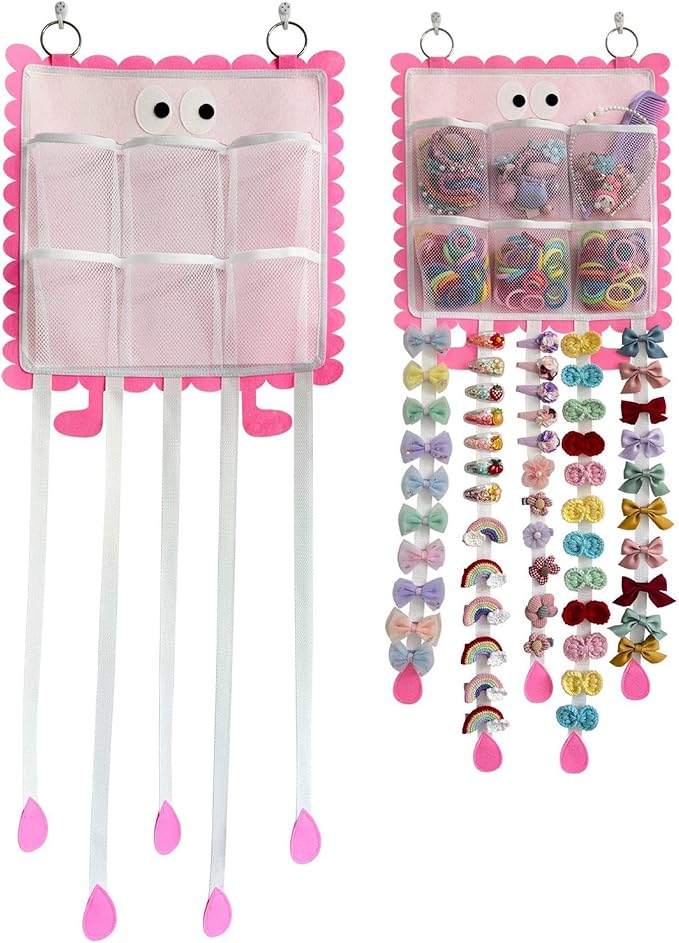 Hanging Hair Clip Organizer with Pockets for Hair Ties, Hair Bow Holder for Girls Barrettes, Scrunchies – Cute Hair Accessories Organizer for Kids & Toddlers
