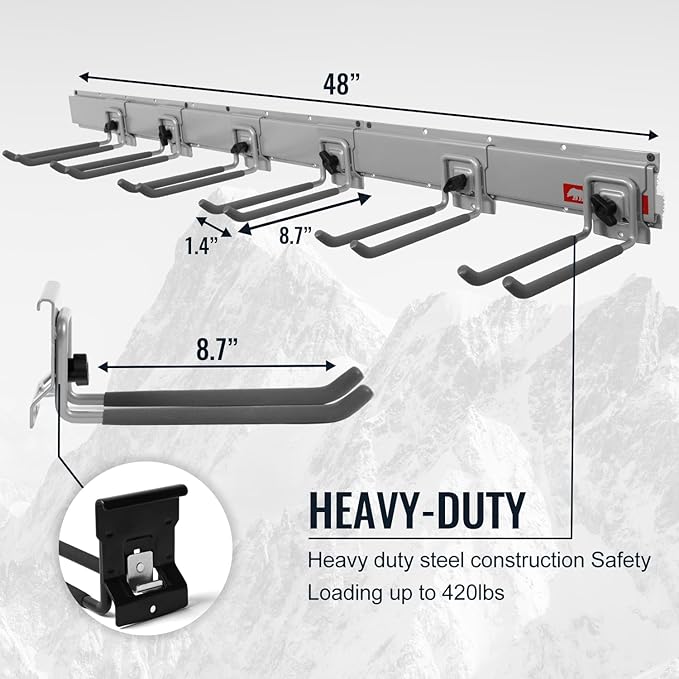 Garage Organization Wall Mount, 48inch Garden Tool Organizer with 6 Clamping Hooks, Heavy Duty, Garage Hanging Storage Rack for Yard Tools, Shovel, Shed, Hold Up to 420lbs (48Inch Grey)