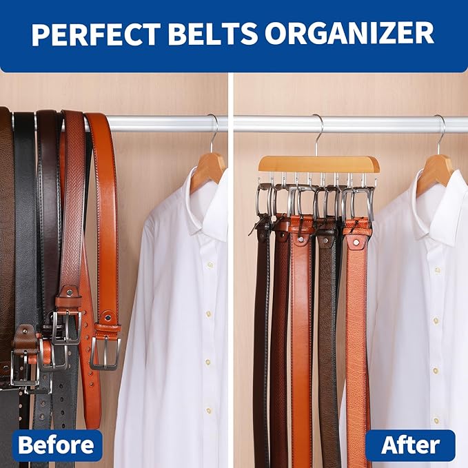 ELONG HOME Belt Hanger for Closet, 2 Pack Closet Organizers and Storage Belt Rack Max 48 Belts, Multifunction Wooden Hanger Tie Rack