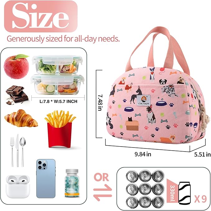 CaCTPUR Lunch Box for Women Girls Teens,Cute Lunch Box Cooler Bag, Portable Insulated Small Lunch Bag Women Reusable Corduroy Lunch Tote for Work/Travel/Picnic/School (Dog Pink,Small)