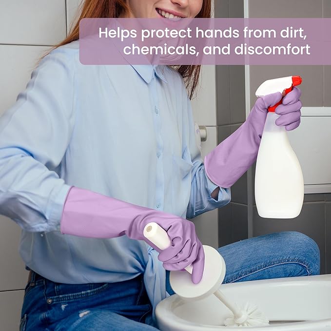 Rubber Cleaning Gloves for Dishwashing, 4 Pairs Reusable Kitchen Gloves for Washing Dishes and Household Cleaning, Purple Dish Gloves with Flocked Lining and Non-Slip Grip, Pefect for Woman Men - S