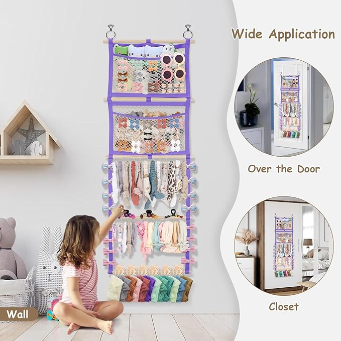 Hair Bow Organizer for Baby Girl, 17x50in Bow Holder Headband Organizer, Hair Clip Accessory Holder Wall Hanging Decor for Women Toddler Kids Room Nursery(Purple)
