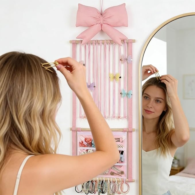Hair Clip Organizer - Pink Bow Mesh Bag Wall Mount - Hair Clip Storage Wall Hanger - for Women Teen Girls Door Closet Bedroom Living Room Home Decor Apartment