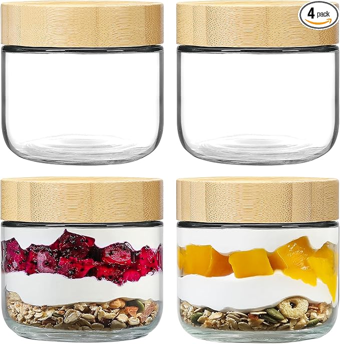 NETANY 4-pack 8oz Glass jars with Airtight Lids, Overnight Oats Containers with Bamboo Lids, Wide mouth Mason Salad jars, Glass Food Storage Containers for Snacks Yogurt Spice Sugar