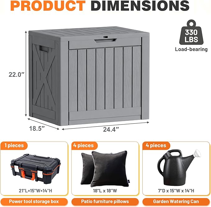 42 Gallon Outdoor Storage Box, Lockable Resin Deck Box for Patio, Yard, and Poolside, Waterproof & Sunproof Organizer for Furniture, Tools, Pool Supplies, Gray