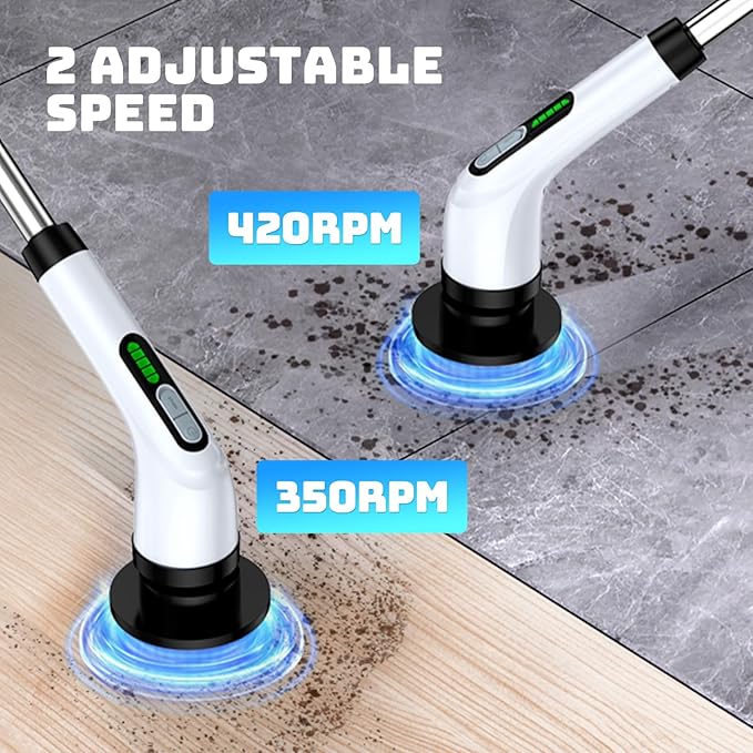Electric Spin Scrubber, Powerful 2-Speed Cleaning Brush, IPX7 Waterproof with 7 Reusable Brush Heads & Extendable Handle, for Bathroom Toilet Shower Kitchen Wall Tile Floor Grout (White)