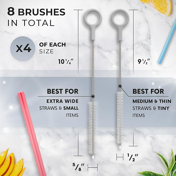 Heavy Duty Cleaning Brushes Set of 8 - Extra Long Straw Cleaners for Metal and Plastic Reusable Drinking Straws, to Clean Small Spaces, Sippy Cups, Water Bottles - Sturdy Hard Brush Bristles