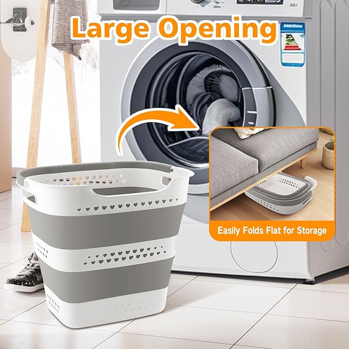 2 Pcs 42L Medium Collapsible Plastic Laundry Basket with Handles, Foldable Laundry Basket Hamper, Pop Up Storage Container Organizer for Washing Storage (Gery, 17 Inch * 13 Inch * 15 Inch)