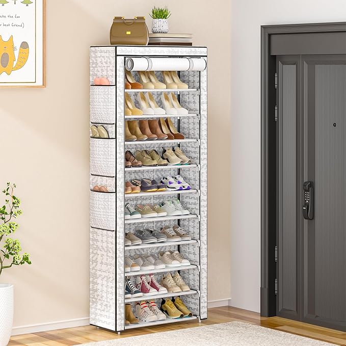 OYREL Shoes Rack 10 Tier Tall Shoe Rack with Storage Pockets, Fabric Covered Shoe Racks,Metal Shoes Rack Organizer for Closets,Bedroom, Garage