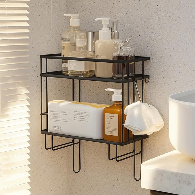 ShellKingdom Over The Toilet Storage Shelf, 2 Tier Toilet Paper Holder Stand Shelves, Punch-Free Bathroom Storage Rack with 2 Hooks, Small Space Organizers for Bathroom, Home, Countertop, Black