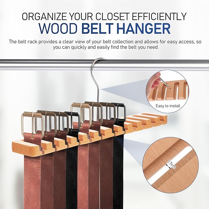 Sewroro Wooden Belt Organizer Rack 12 Slots Belt Hanger Closet Accessory Organizer Space-Saving Display Holder Storage