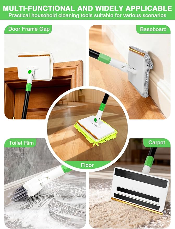 4-in-1 Baseboard Cleaning Tool with Handle 5 Reusable Pads 1 Stiff Bristle Brush Carpet Rake for Pet Hair Removal Baseboard Cleaner Carpet Windows Wall Floor Bathroom Kitchen