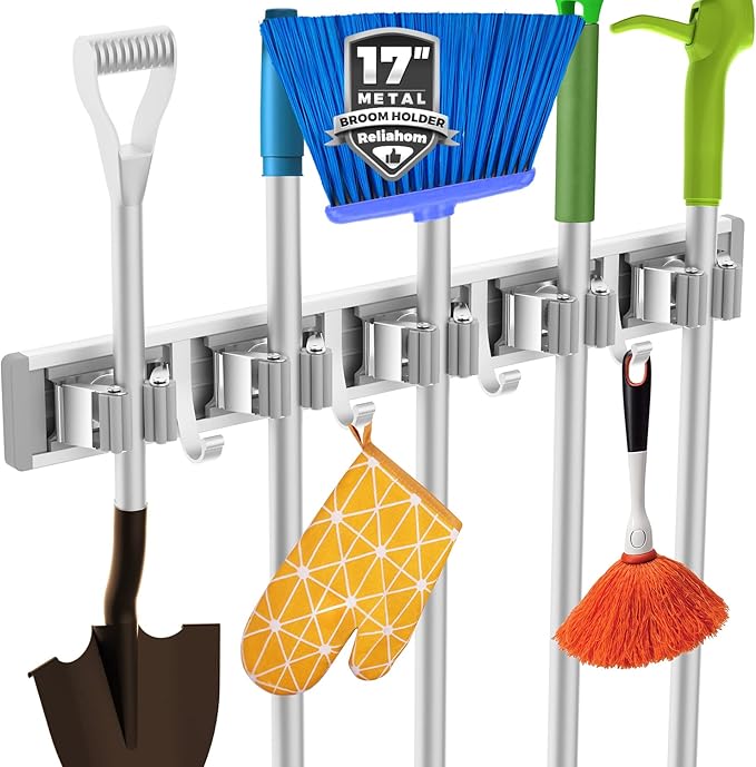 reliahom Broom Holder Wall Mount, 5 Racks with 4 Hooks Silver - Mop Storage Tool Racks, Broom Hanger Tool Organizer for Garage, Kitchen, Garden, Laundry Room
