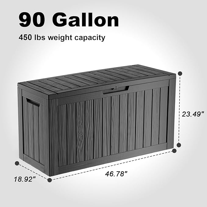 EasyUp 90 Gallon Deck Boxes Waterproof, Outdoor Large Storage Boxes with Lids, Outside Resin Storage Box & Deck Boxes for Patio, Garden Use(Black)