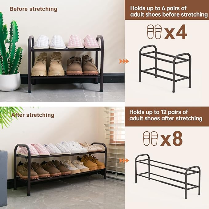 Gonfoam 2-Tier Expandable Shoe Rack,Adjustable Shoe Shelf Storage Organizer Heavy Duty Metal Free Standing Shoe Rack for Entryway Closet Doorway (Bronze)