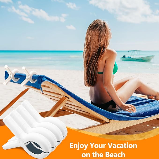 8 Pcs Beach Towel Clips for Beach Chairs, Towel Holder for Beach Chair Pool Chair on Cruise, Jumbo Size Heavy Duty Clothes Pins, Beach Chair Clips to Keep Your Towel from Blowing Away (White)