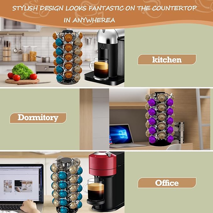 Coffee Pods Holder Organizer, 360 Degrees Revolving Pod Carousel Compatible for 40 Nespresso Vertuo Pods No Assembly Required Nespresso Pods Holder Tower Stand,Piano Black