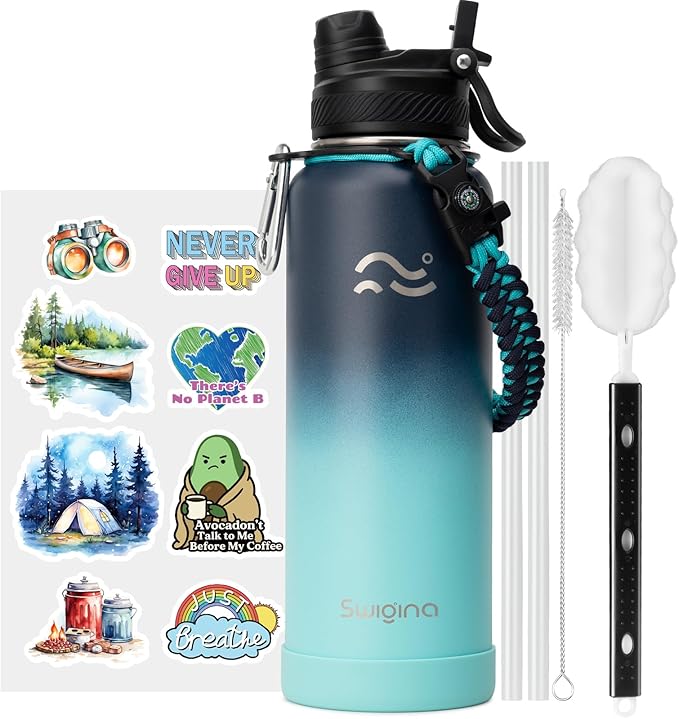 [2-IN-1 LID] Insulated Water Bottle with Silicone Boot (36hrs Cold/18hrs Hot) - DIY Stickers, Leakproof, BPA Free, 40 oz