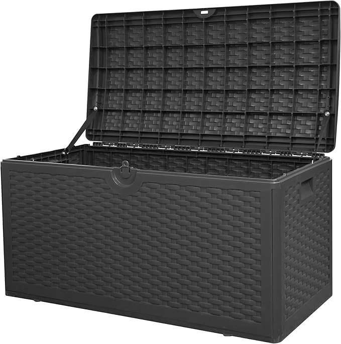 Outdoor Storage Box, 90 Gallon Lockable Resin Deck Box Waterproof, Patio Storage Bin for Furniture Cushion, Garden Tools and Pool Accessories, UV-Resistant Bench Cabinet for Outside, Black