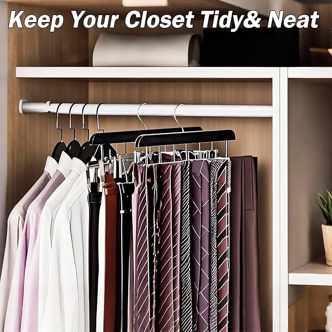 2 Pack 2 in 1 Belt Tie Hanger for Closet Max 60 Belts with 60 Ties Capacity, 40 Hooks Belt Tie Racks Wooden Hanger for Closet Organizer Storage “U” Fit Belt and “一” Fit Tie