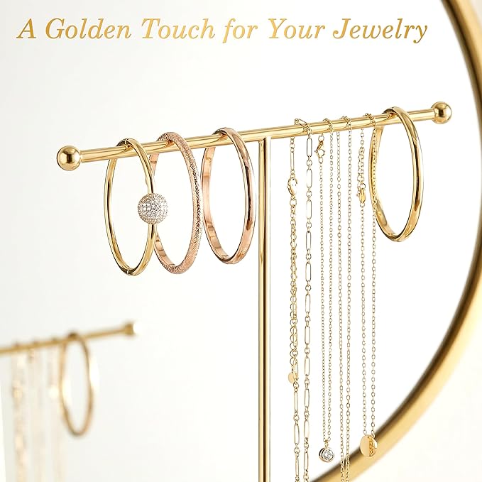 Jewelry Holder Stand with Ceramic Base: 12" Tall Necklace Organizer Rack, Tree Design Display Storage for Necklaces, Bracelets, Rings, Earrings, Aesthetic Vintage Room Décor (Gold)
