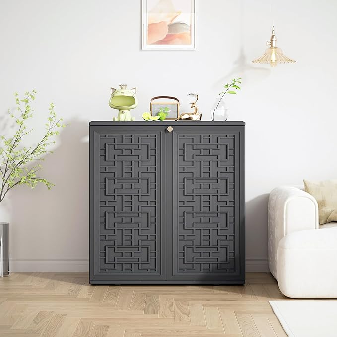 Storage Box Outdoor Caninet,Resin Indoor Storage Box Waterproof Outdoor Storage Cabinets for Patio/Garden/Backyard, Size 34.3''L*15''W*36.2''H(Grey)
