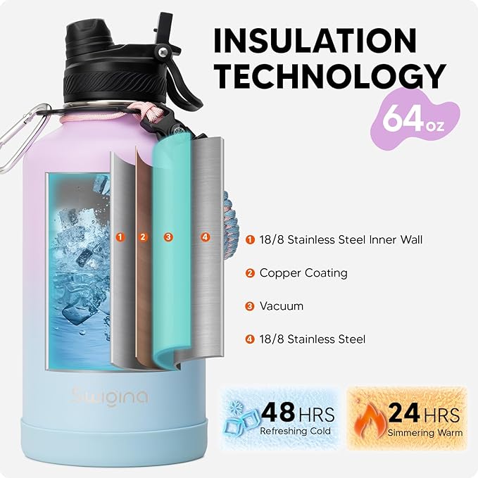 [2-IN-1 LID] 64 oz Insulated Water Bottle with Silicone Boot (48hrs Cold/24hrs Hot) - DIY Stickers, Leakproof, BPA Free, Half Gallon