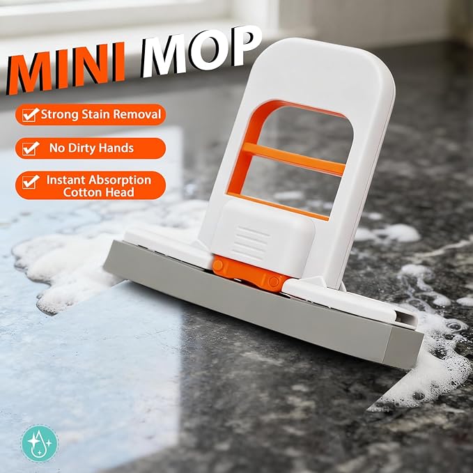 Mini Foldable Wet Dry Use Squeeze Small Mop, Mini Mop for Small Spaces, Black Portable Cleaning Sponge Mops for Desktop, Kitchen, Counter, Glass, Tile