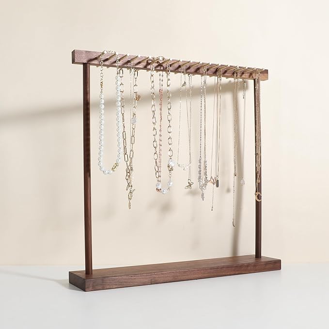 GemeShou Large necklace hanger shelf with 17 copper bars, Wooden jewelry storage organizer rack for hanger necklace bracelet, necklace display stand for boutique store【Walnut】