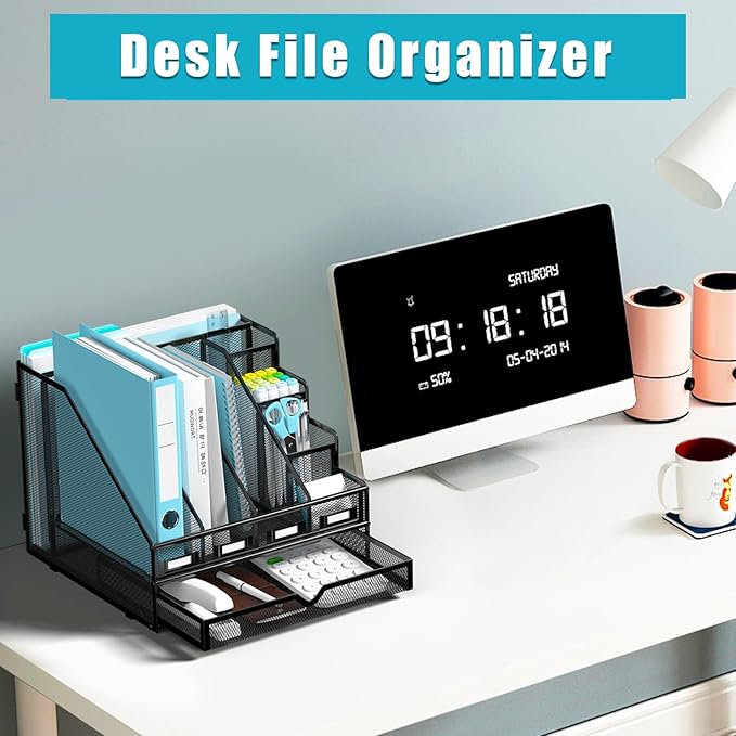 Sinboun Desk File Organizer, 4 Vertical Compartments Rack + 4 Pen Holders + Drawer File Organizer, Metal Desk Magazine Folder Holder for Office, Home, School, Black