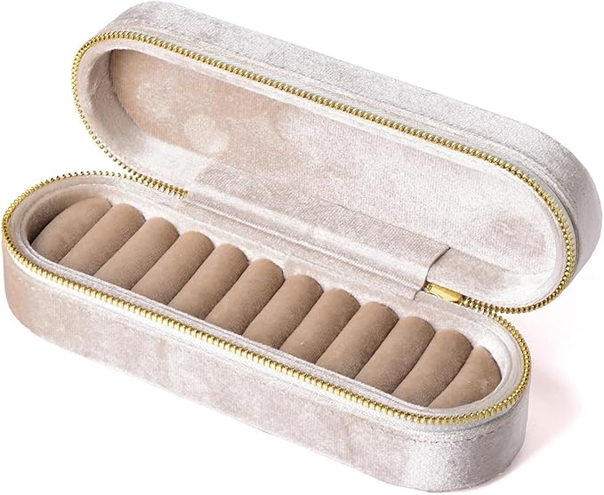 Velvet Ring Earrings Storage Box with 11 Slots, Ear Stud Holder, Zipper Closure Jewelry Organizer (Beige)