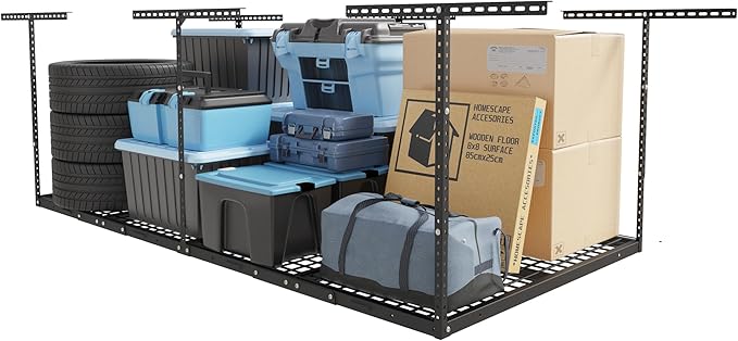 FLEXIMOUNTS 4x8 Overhead Garage Storage Rack, Adjustable Organization System, Heavy-Duty Metal Ceiling Racks, 750lbs Weight Capacity, Black, Classic Series