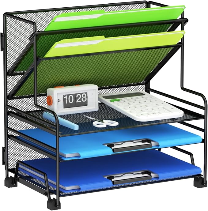 4-Tier Paper Organizer + 3-Pocket File Holder, Desktop File Organizers Paper Tray for Office School Classroom Workspace Organization (Black Desk Organizer, No Drawer & No Pen Holder)