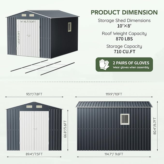Breezz 10X8FT Outdoor Steel Storage Shed with Clear Window, Lockable Doors, Frame Floor,Weather-Resistant Metal Tool Shed for Garden, Backyard, Patio, and Utility Storage