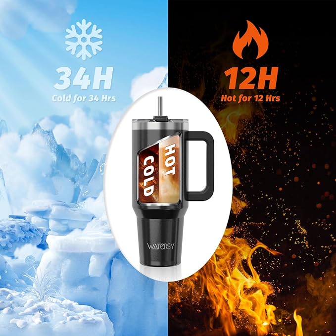 40 oz Shiny Tumbler with Handle,Tumbler with Lid and Straw,Double Wall Insulated Cup Stainless Steel Travel Mug(Cold for 34 Hours),Water Bottle for Iced Tea,Coffee,Cold Beverages(Black)