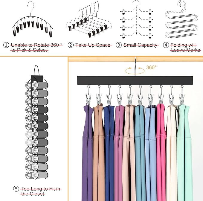 Legging Organizer for Closet, Pants Hangers with Clips Holds 20 Leggings, Jeans, Hats, Shorts, Socks, 360° Rotating Space Saving Hanging Clothes Organizer for Closet Organizers and Storage 2Pcs