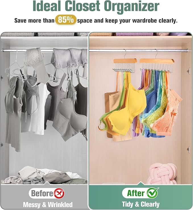 4 Pack Bra Hangers for Closet Organizer Upgraded Non-Slip Bra Organizer for Closet Tank Top Hanger Multi Hangers Space Saving with 40 Hooks for Belt, Tie, Tank Top, Necklaces