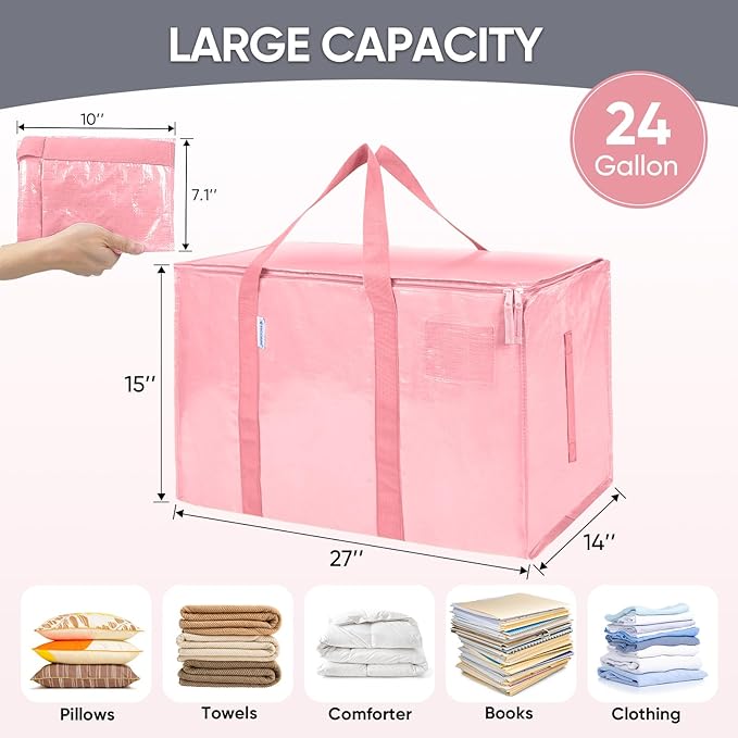 TICONN 6 Pack Extra Large Moving Bags Heavy Duty with Zippers & Carrying Handles, Durable Storage Bags Moving Boxes for Closet Organizers and Storage (6 Pack, Coral)